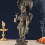 Vintage Brass Lord Vishnu with Sheshanaag | 17.5" x 7" x 5" (44.45 x 18 x 12.5 cm) | 7 kg Sacred Art | Standing Divine Murti